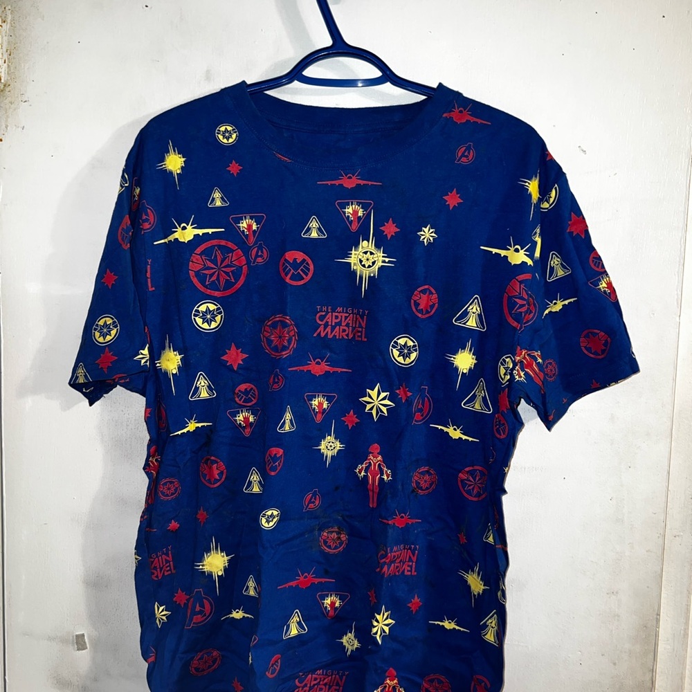 Marvel Mens Blue Captain Marvel All Over Print Graphic T-Shirt Large